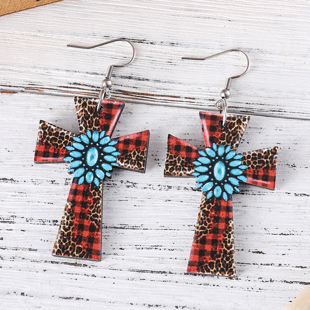 Wholesale Western style leopard plaid turquoise cross wooden double-sided earrings