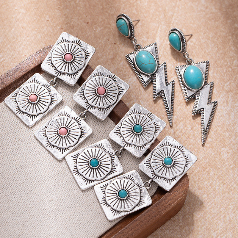 Wholesale Chic Western Turquoise Inlaid Geometric Drop Earrings Bohemian Lightning Tassel Jewelry For Boutique Resale