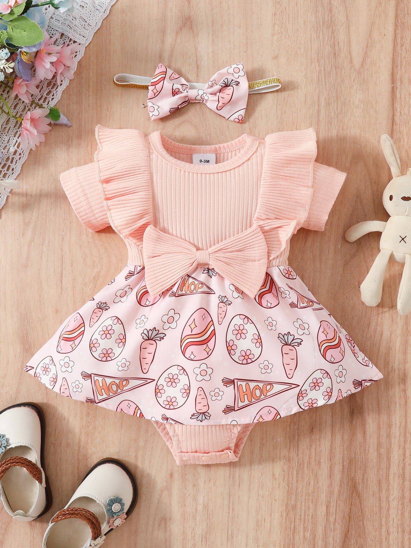 Wholesale Easter Cotton Baby One Piece Rabbit Ripple Bow Dress