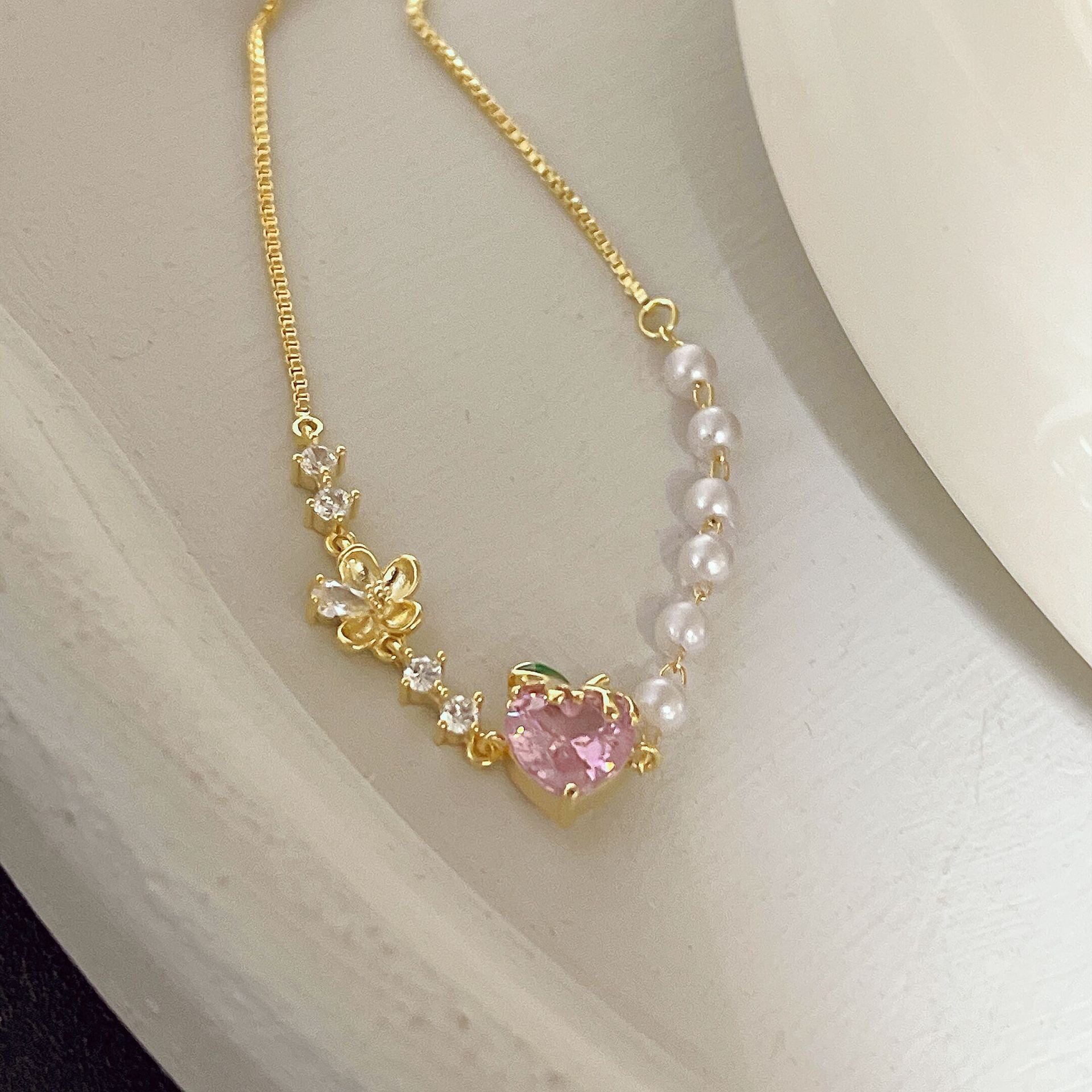 Wholesale Sweet Pink Strawberry Zircon Flower Pearl Metal Bracelet