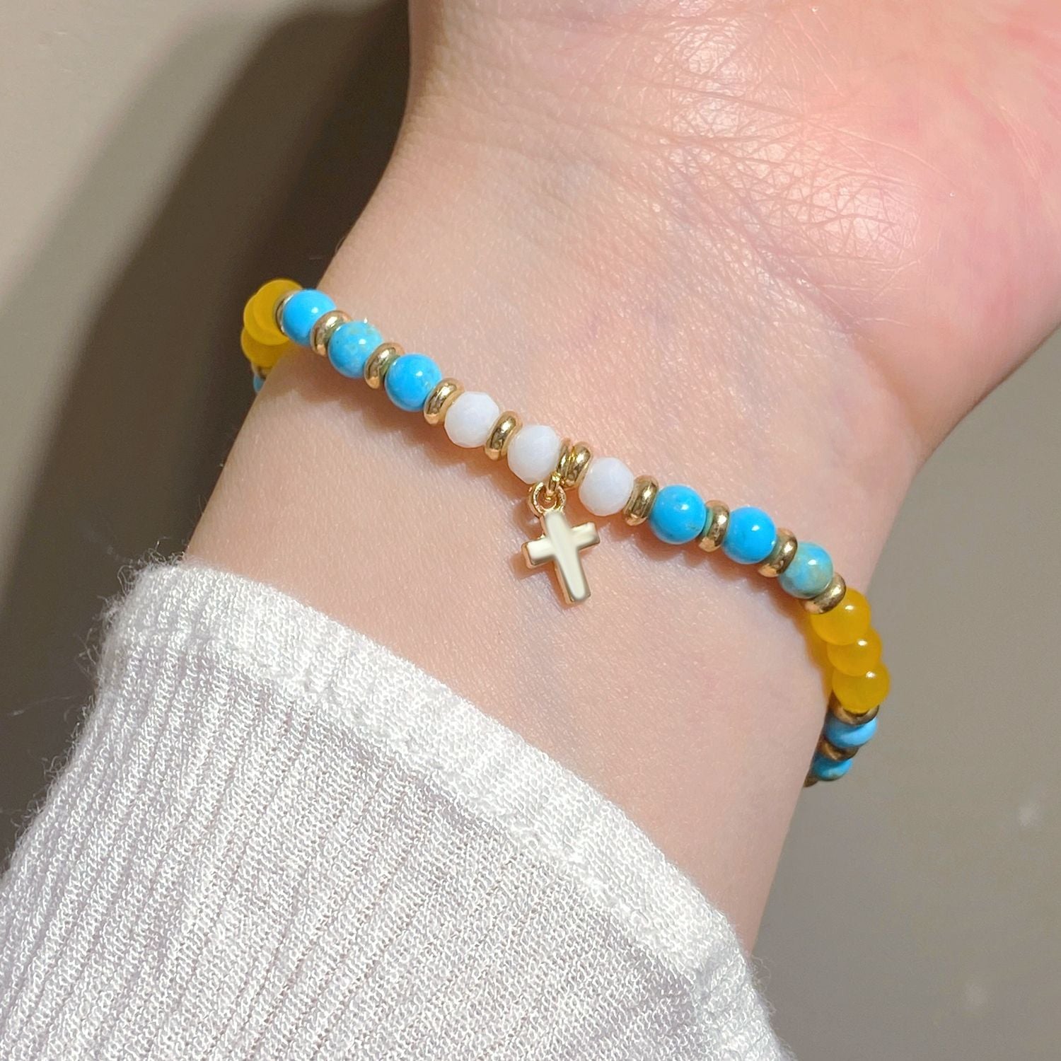 Wholesale Bohemian colored gemstone beaded cross bracelet braided pull-out hand jewelry