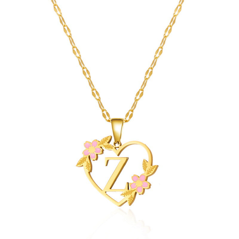 Wholesale 26 letter heart-shaped flower hollow Titanium Steel Necklace