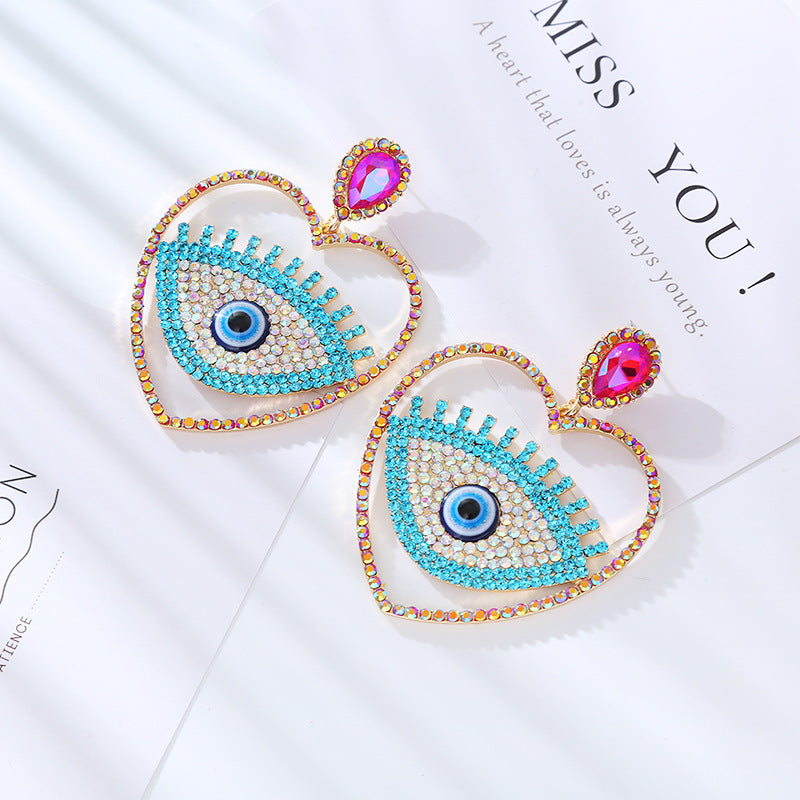 Wholesale Fashion Diamond Heart Evil Eye Exaggerated Earrings