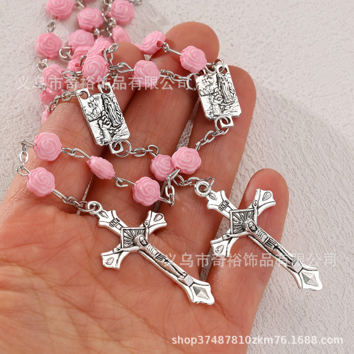 Wholesale 10pcs/pack  Pink Rose Flower Beaded Cross Bracelet Necklace