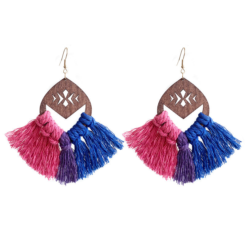 Wholesale Rainbow Chess Bohemian Tassel Hand Braided Earrings