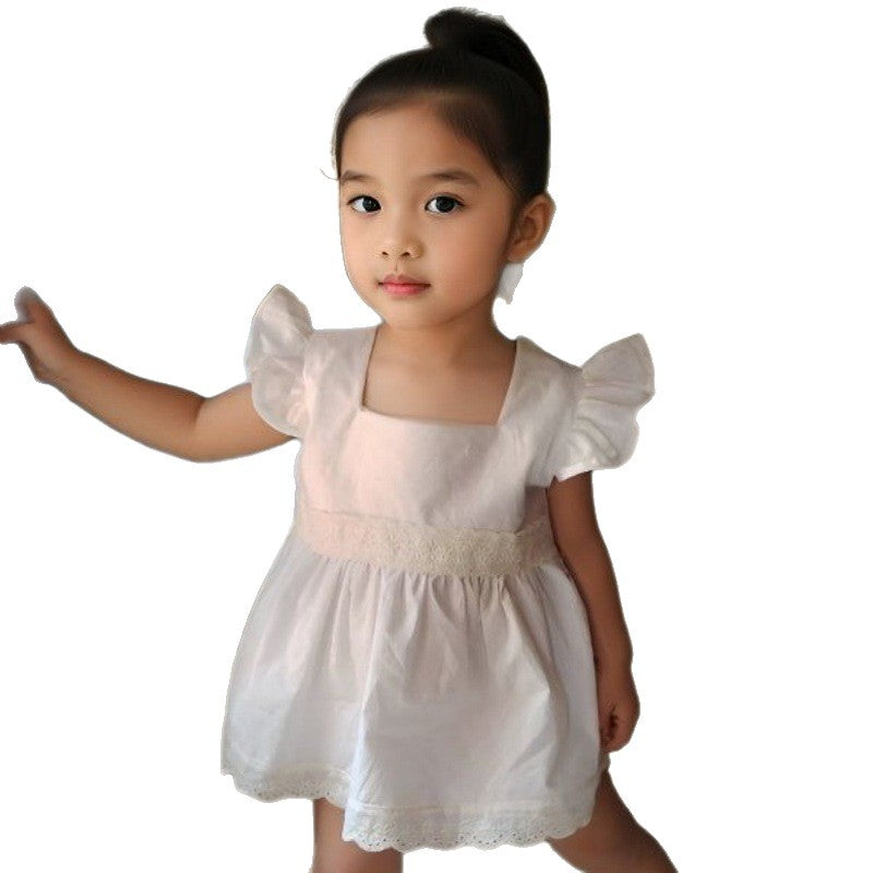 Wholesale Trendy Baby Girl Summer Dress Princess Lace Square Collar Cotton Toddler Party Wear Boutique Clothing