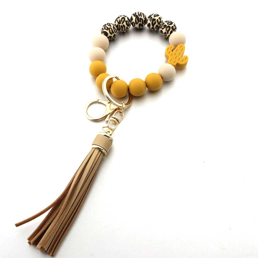 Wholesale Leopard Cactus Handmade Tassel Silicone Bead Wrist Keychain