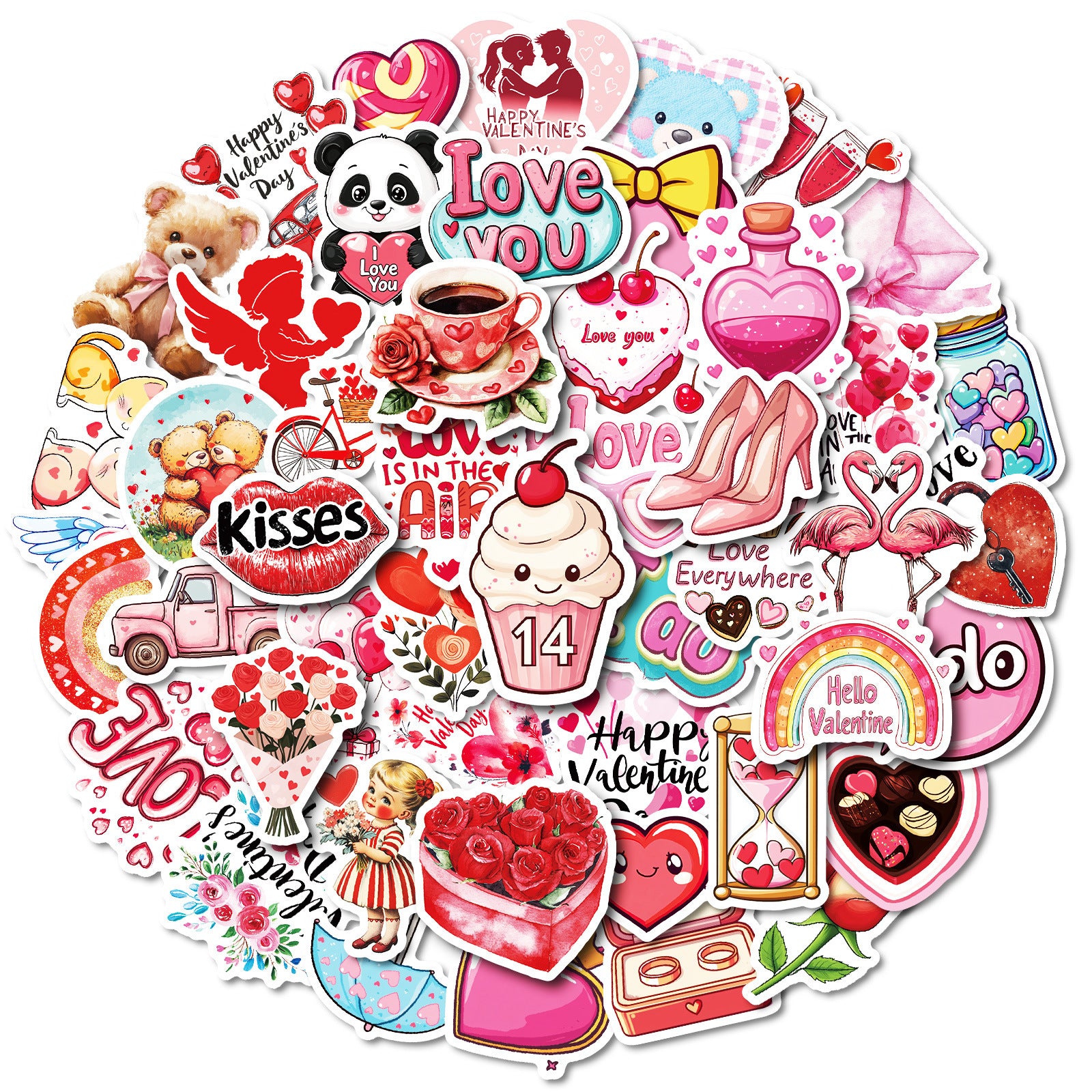 Wholesale 50pcs Romantic Pink Valentine' s Day Cartoon Graffiti Stickers
