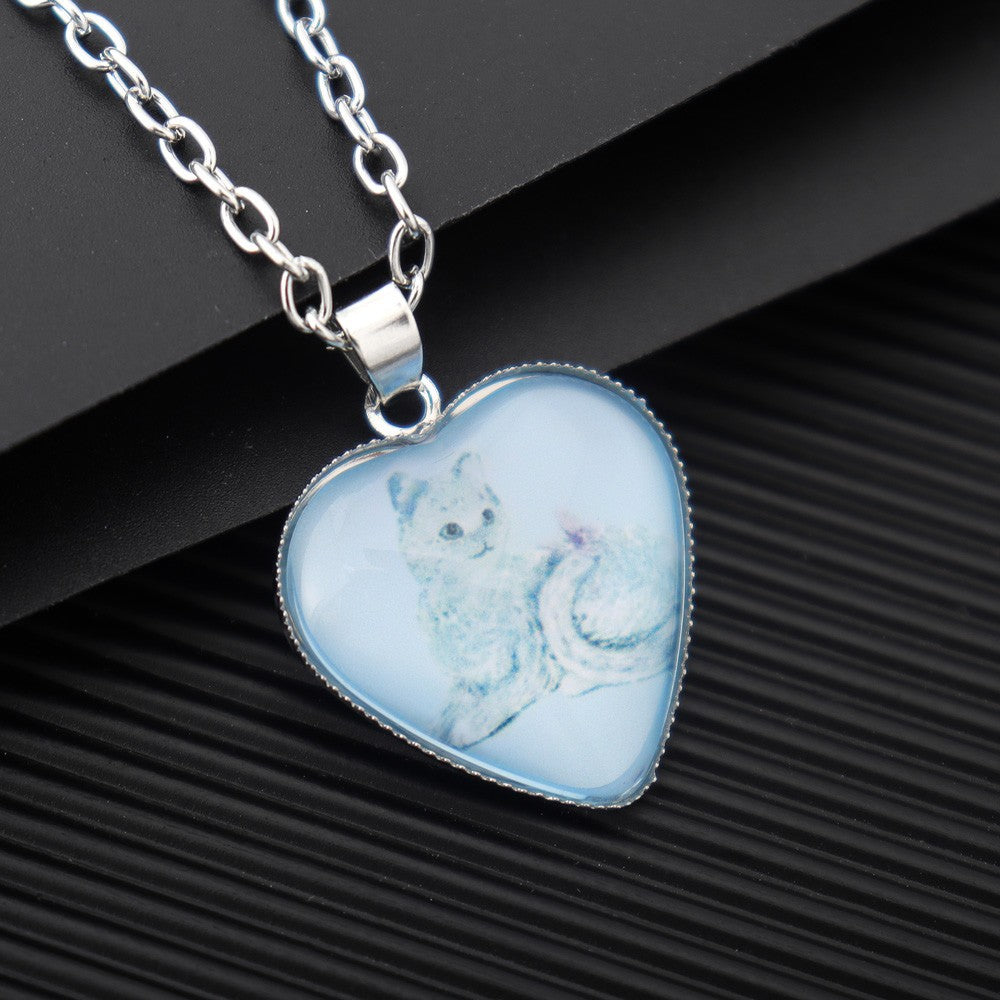 Wholesale Heart-shaped Crystal Cute Kitten Metal Necklaces