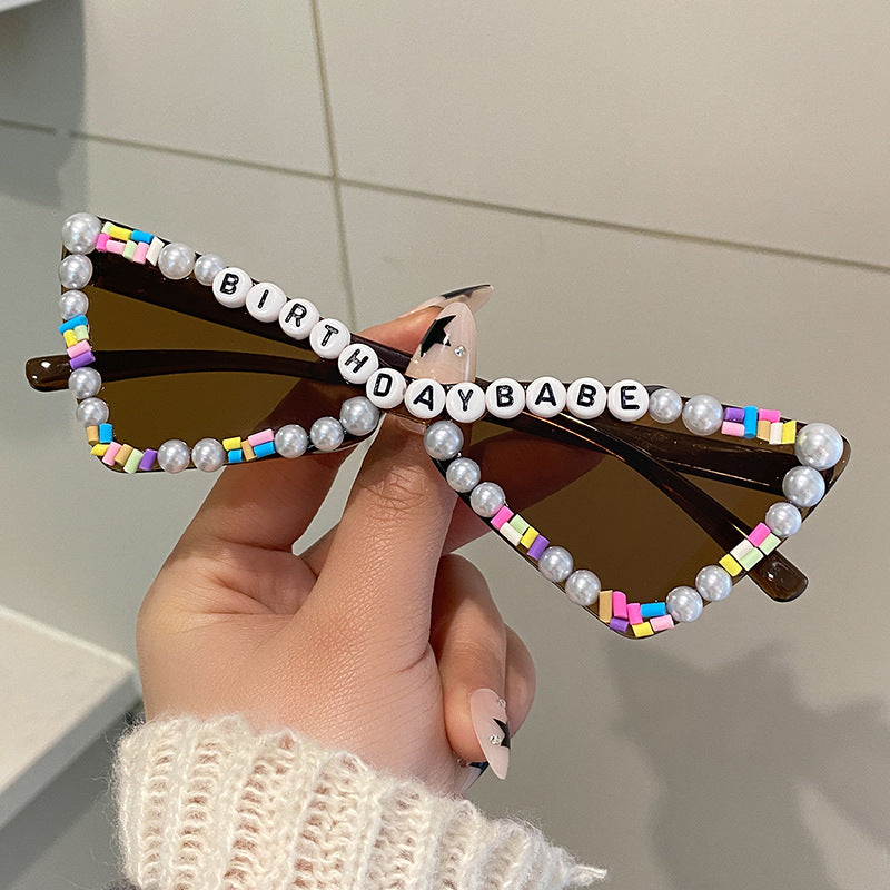 Wholesale Full Diamond Bow Colored Small Frame Birthday Letter Sunglasses