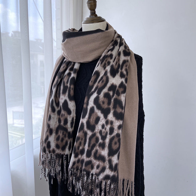 Wholesale Autumn and Winter Leopard Print Color Block Printed Tassel Imitation Cashmere Scarf