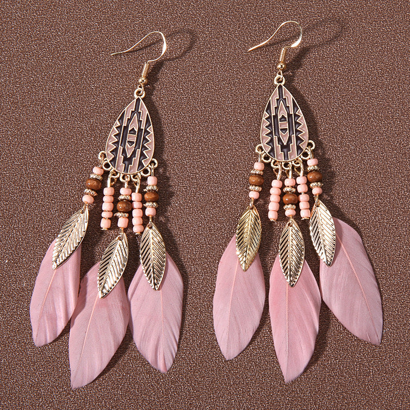 Wholesale Water Drop Tassel Feather Long Bohemian Rice Bead Earrings