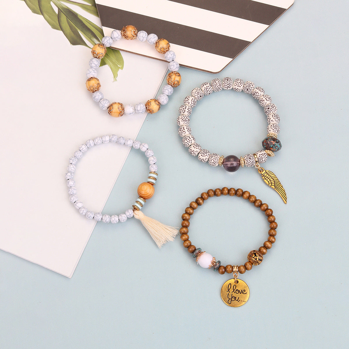 Wholesale Wing Wood Bead Tassel Elastic Bracelet