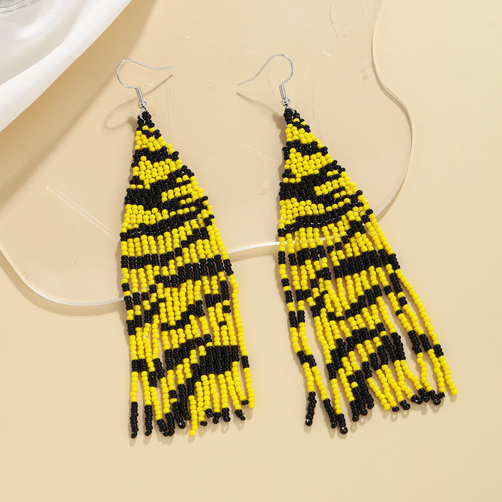Wholesale Leopard Grain Rice Bead Tassels Hand Woven Earrings