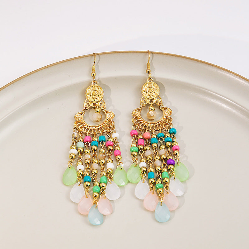 Wholesale Rice Beads Colorful Water Drop Tassel Hollow Out Earrings