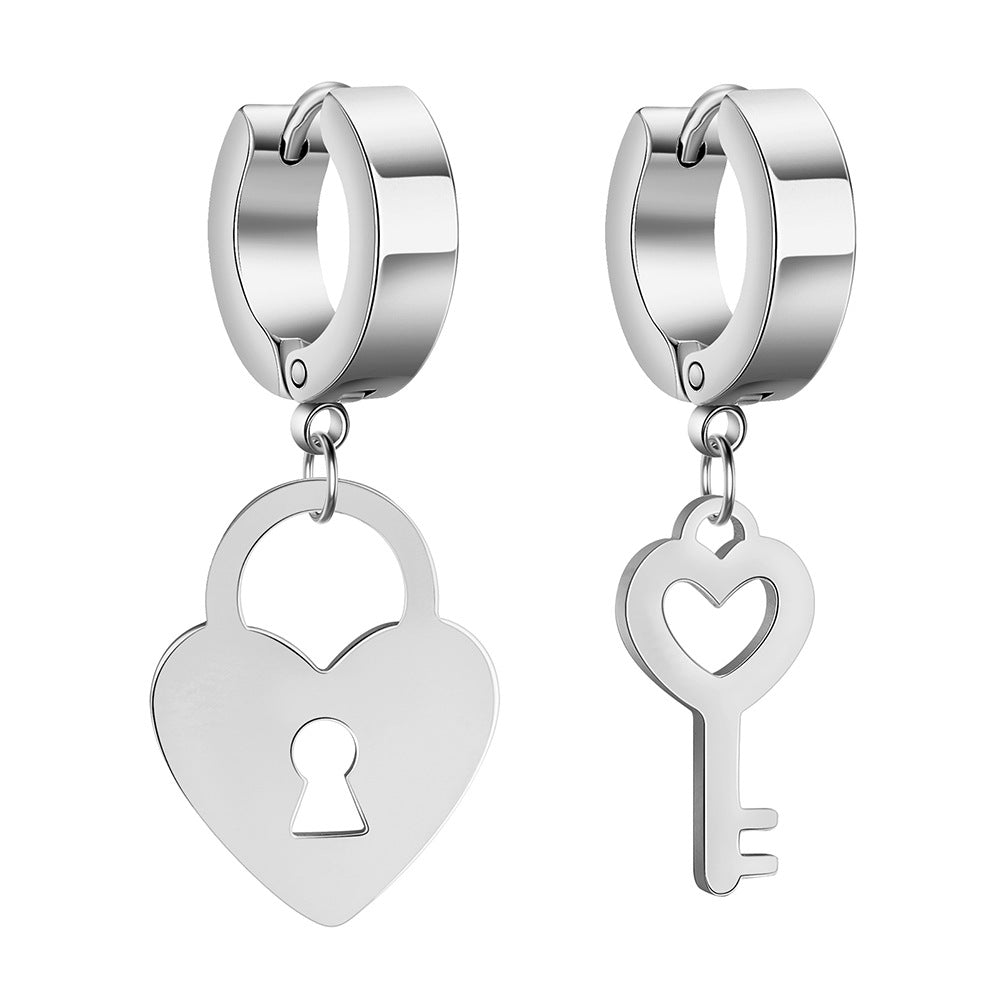 Wholesale Cut Heart Lock Combination Asymmetric Pendant Stainless Steel Earrings