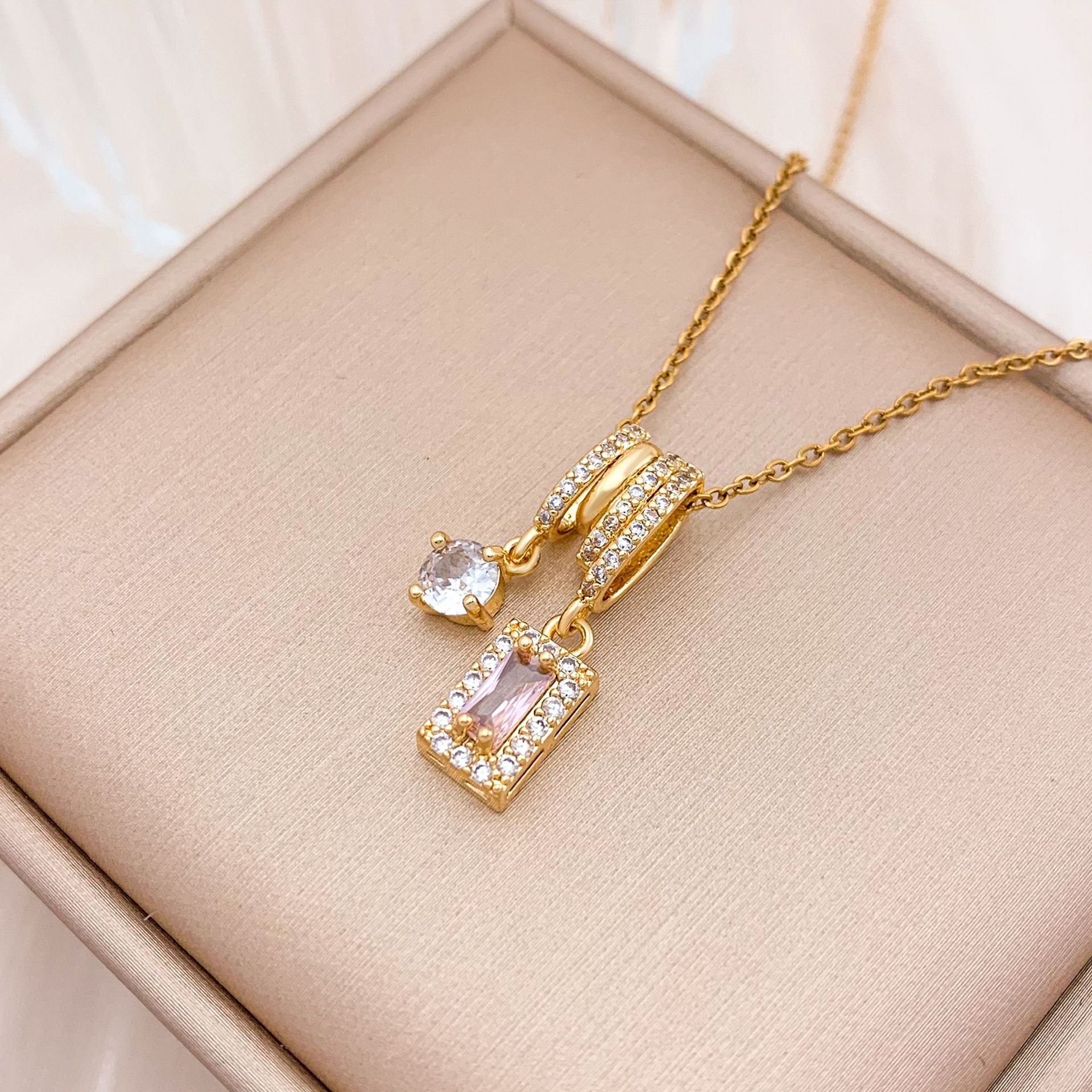 Wholesale Square Ice Cream Color Titanium Steel Necklace Luxury Micro-Paved Zircon Temperament  Accessory
