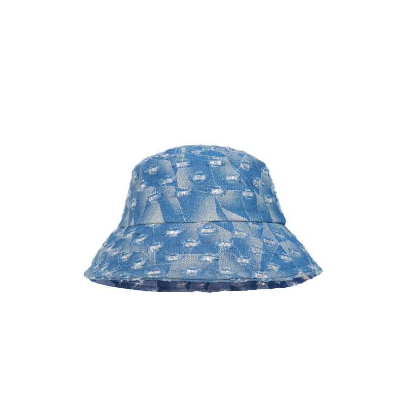 Wholesale Distressed Vintage Washed Denim Bucket Hat Versatile Sequined Diamond Hat