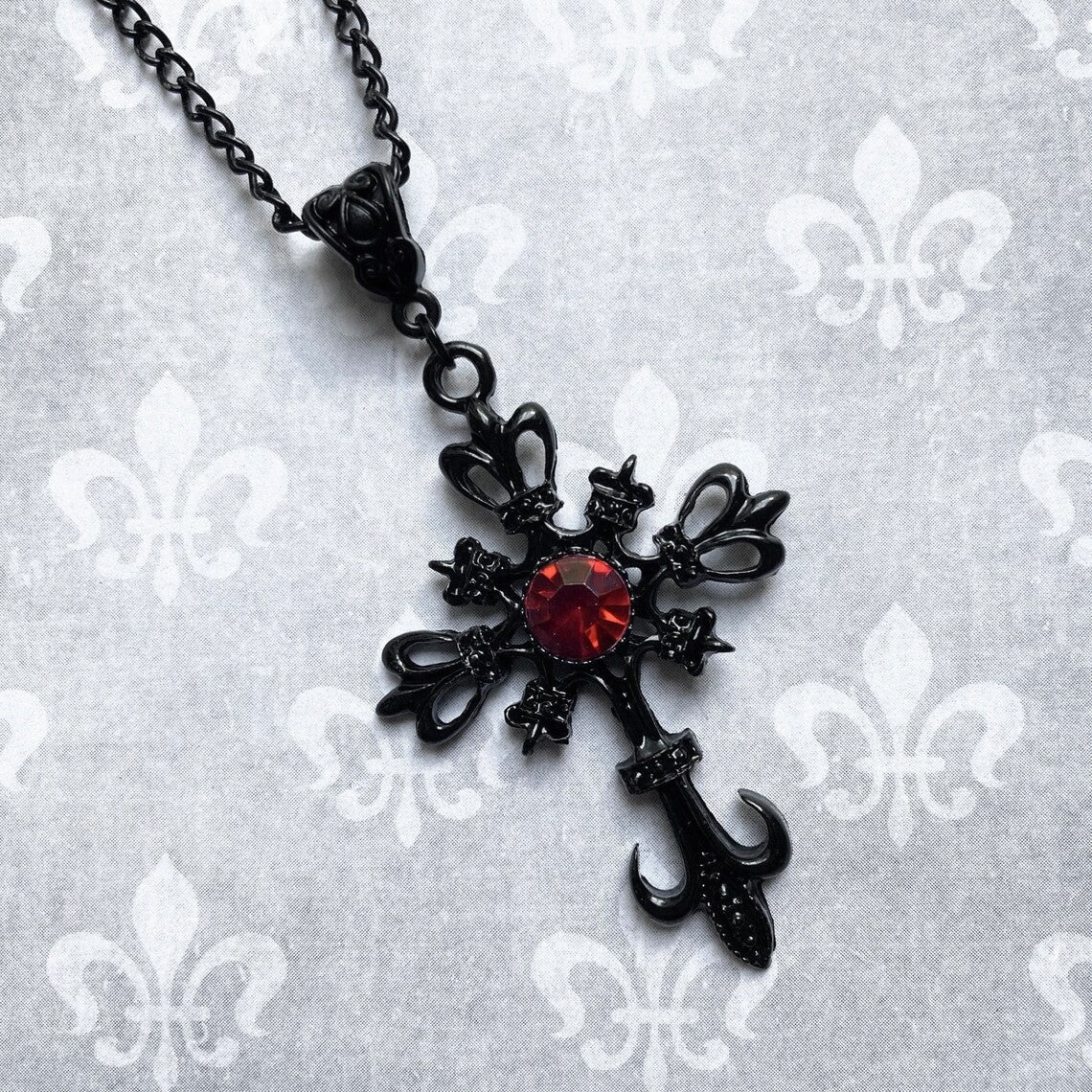 Wholesale Gothic Vintage Ruby Black Cross Necklace
