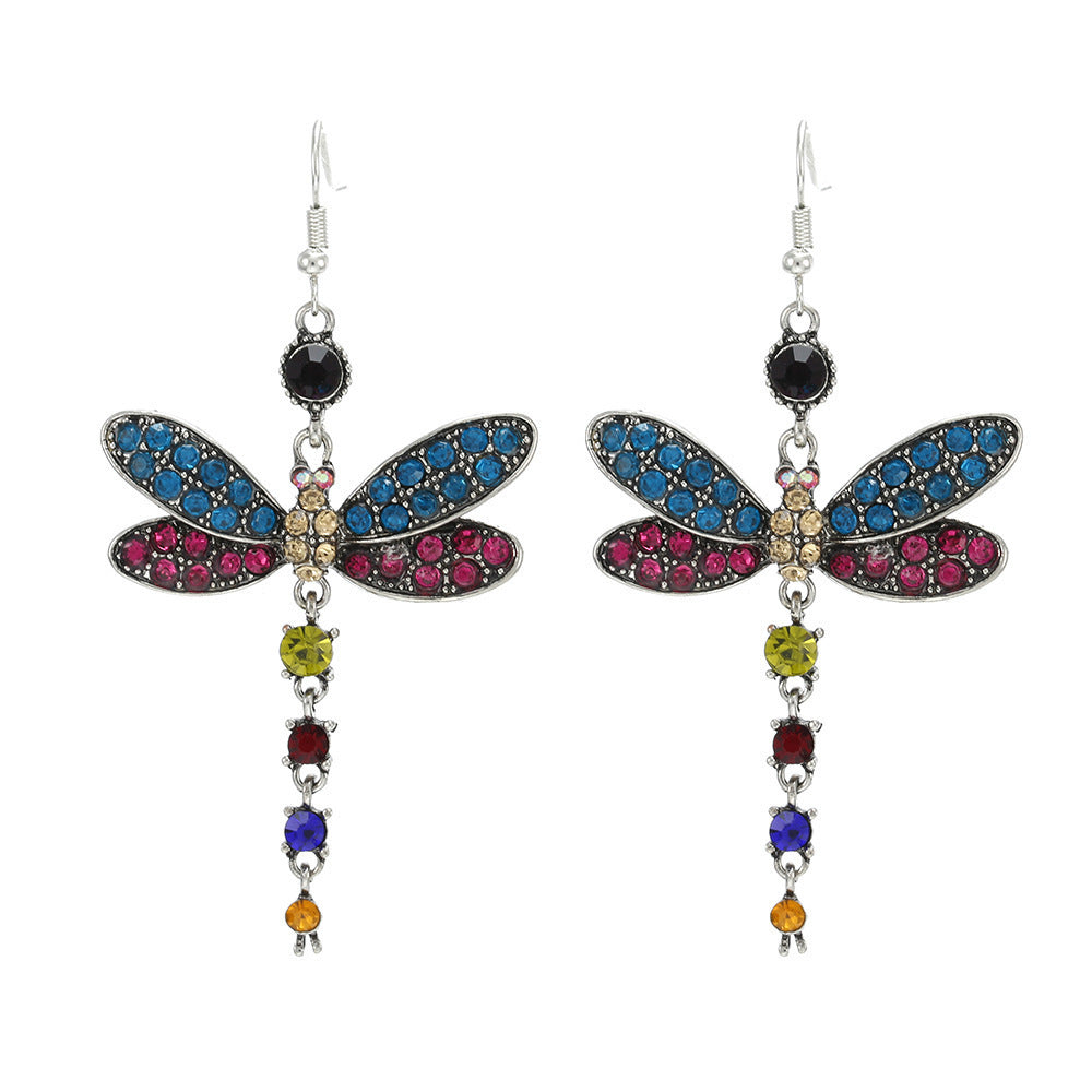 Wholesale Vintage Ethnic Blue Tassel Dragonfly Drop Earrings For Women Zinc Alloy Electroplated Fashion Jewelry Accessory