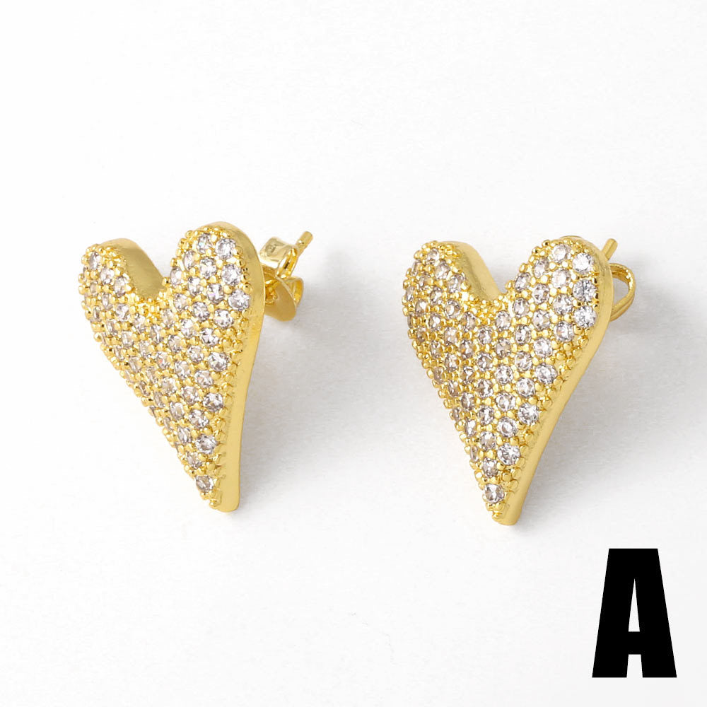 Wholesale Love Heart Copper Plated Real Gold Full Zircon Earrings