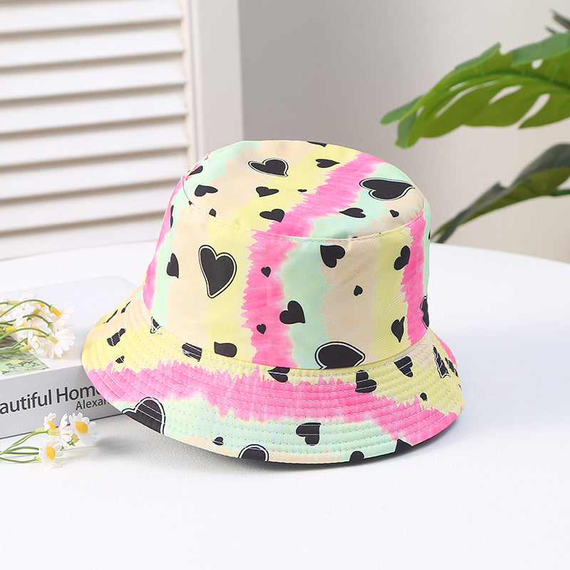 Hearting Heart Printing Tie Dye Color Block Polyester Sun Bucket Sombrero de cubo de Sunshade