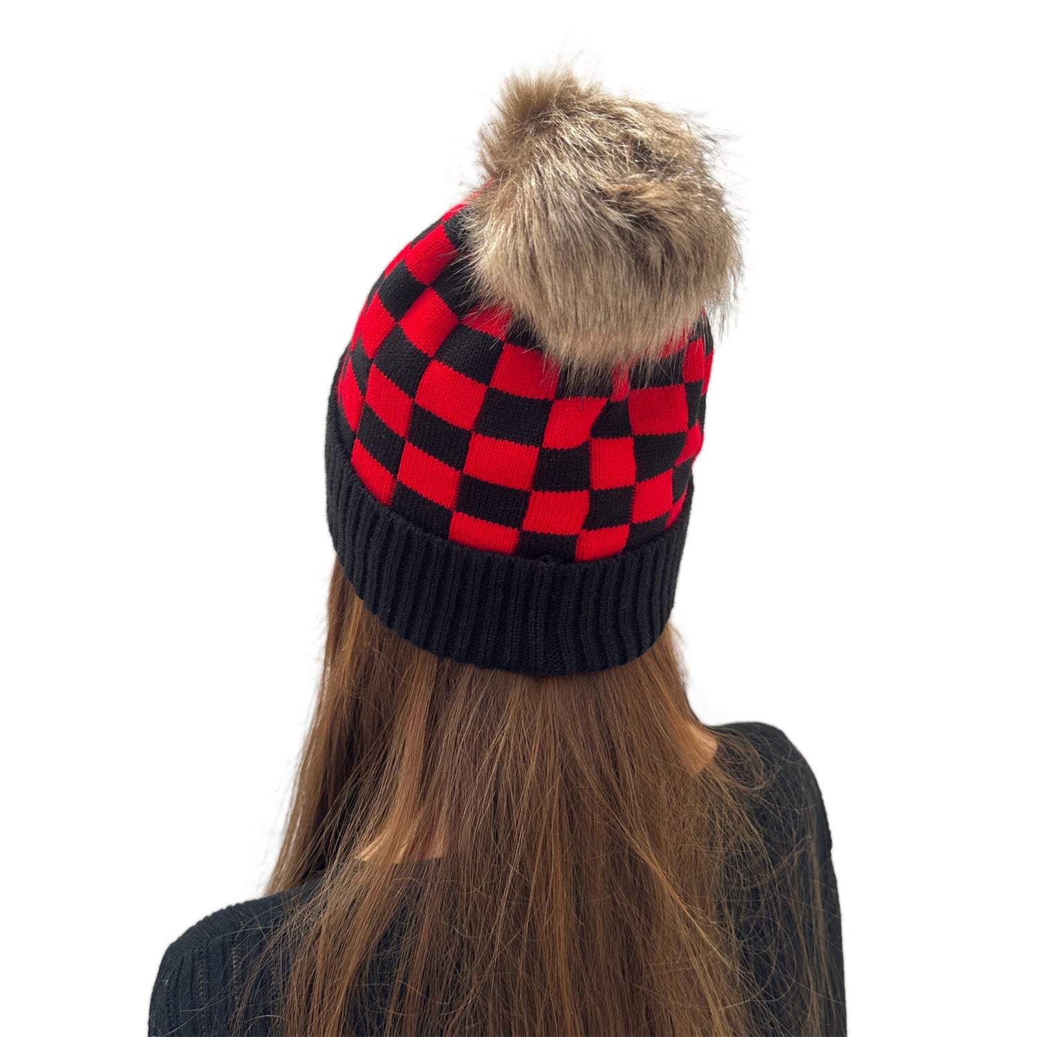 Wholesale Black and Red Plaid Fur Ball Wool Hat To Prevent Cold and Warm Knitted Hat
