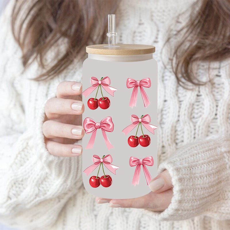 Wholesale Pink Cherry Heart 16oz Cup UV DTF Wraps