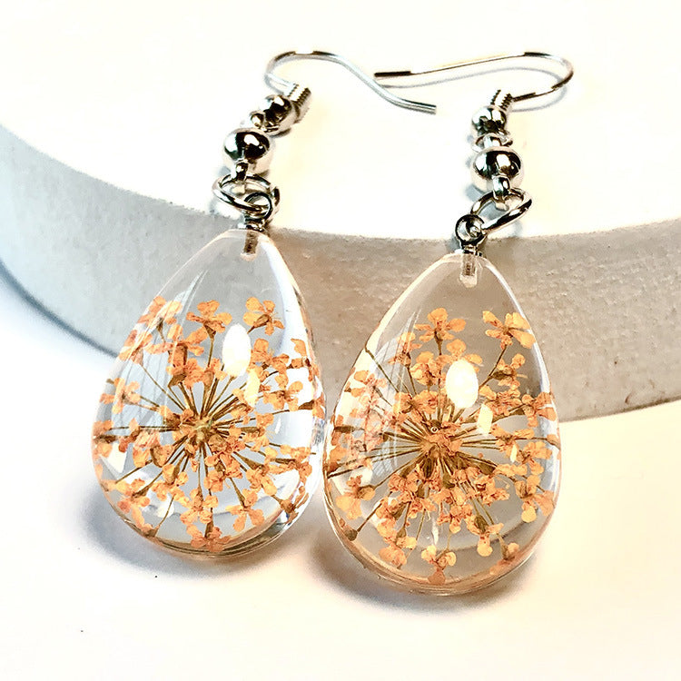 Wholesale 6pcs Fashion Water Drop Transparent Lace Real Flower Earrings