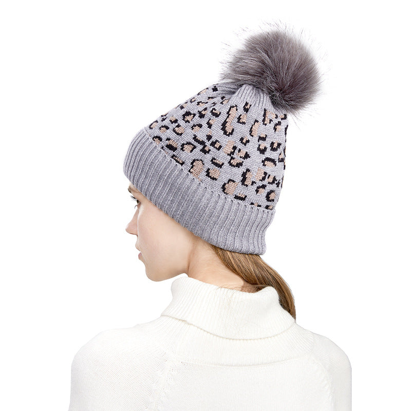 Wholesale Autumn and Winter Knitted Hat Leopard Print Wool Ball Beanie
