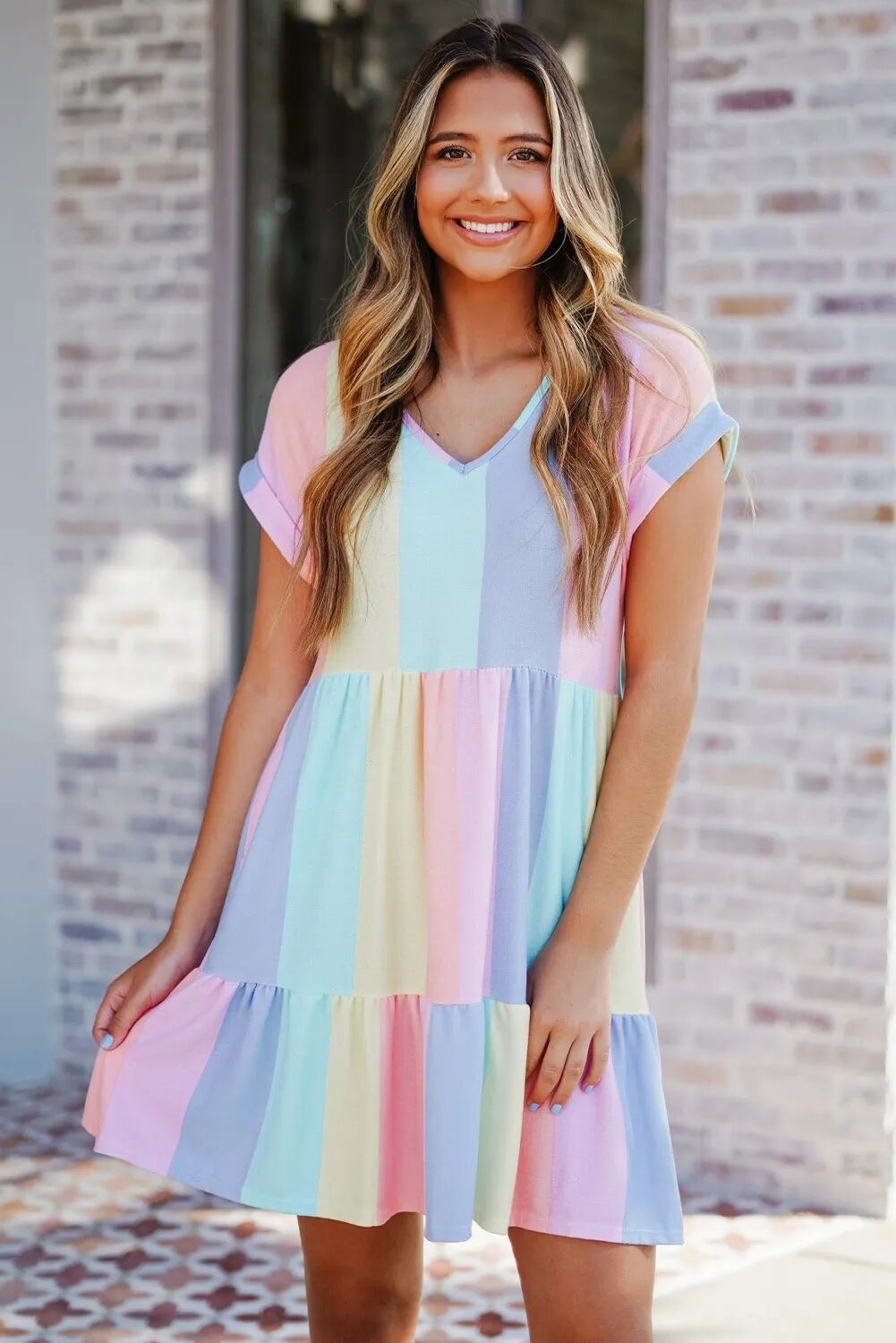 Wholesale Summer Casual V-neck Pullover Contrasting Color Skirt