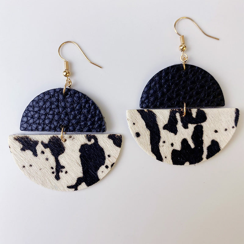 Wholesale 2pcs Cow Grain Leather Top Layer Cowhide Round Water Droplet Cow Head Retro Horsehair Quality Texture Fashionable Earrings