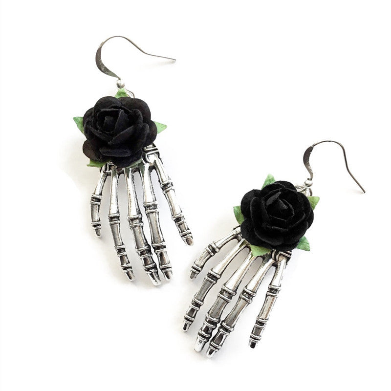 Wholesale Skeleton Hand Red Rose Gothic Alloy Earrings
