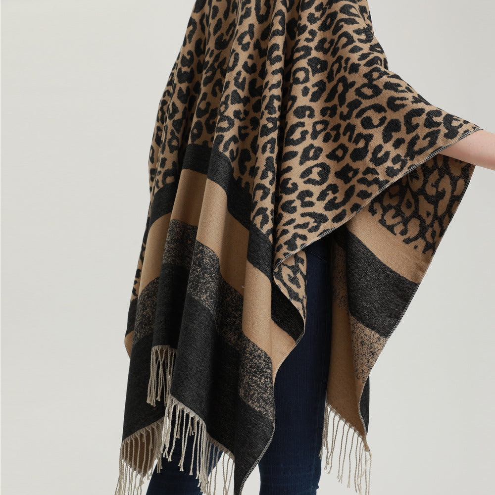 Wholesale Winter Leopard Print Tassel Imitation Cashmere Split Cape