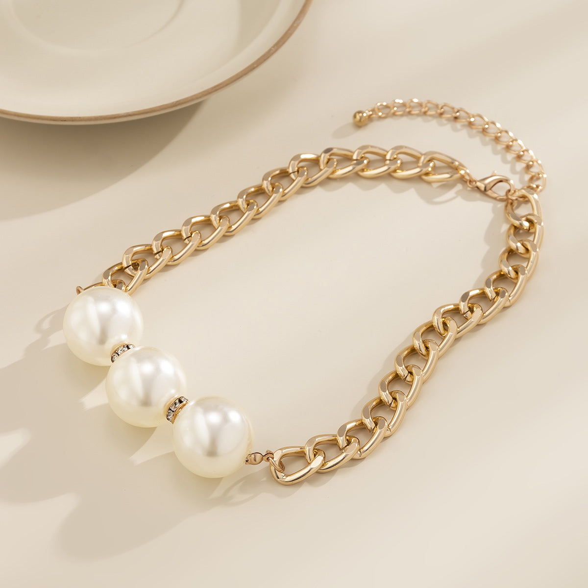Wholesale Geometric Chunky Chain Imitation Pearl Rhinestone Bracelet Necklaces Set