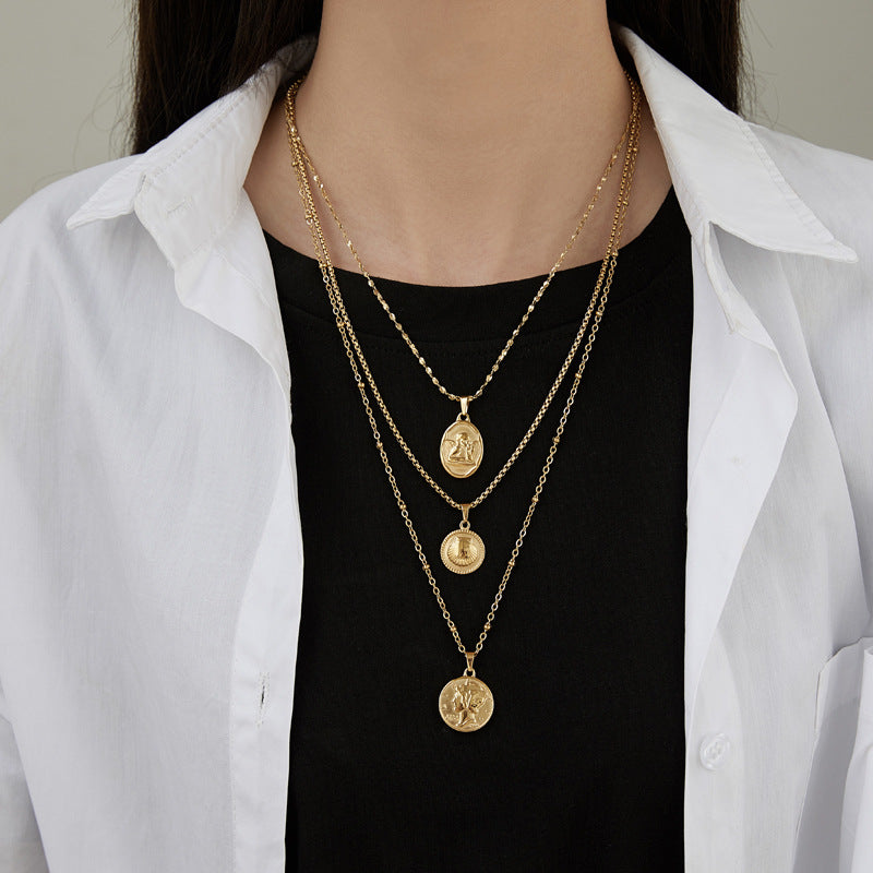 Wholesale Portrait Coin Cross Peach Heart Vintage Necklace