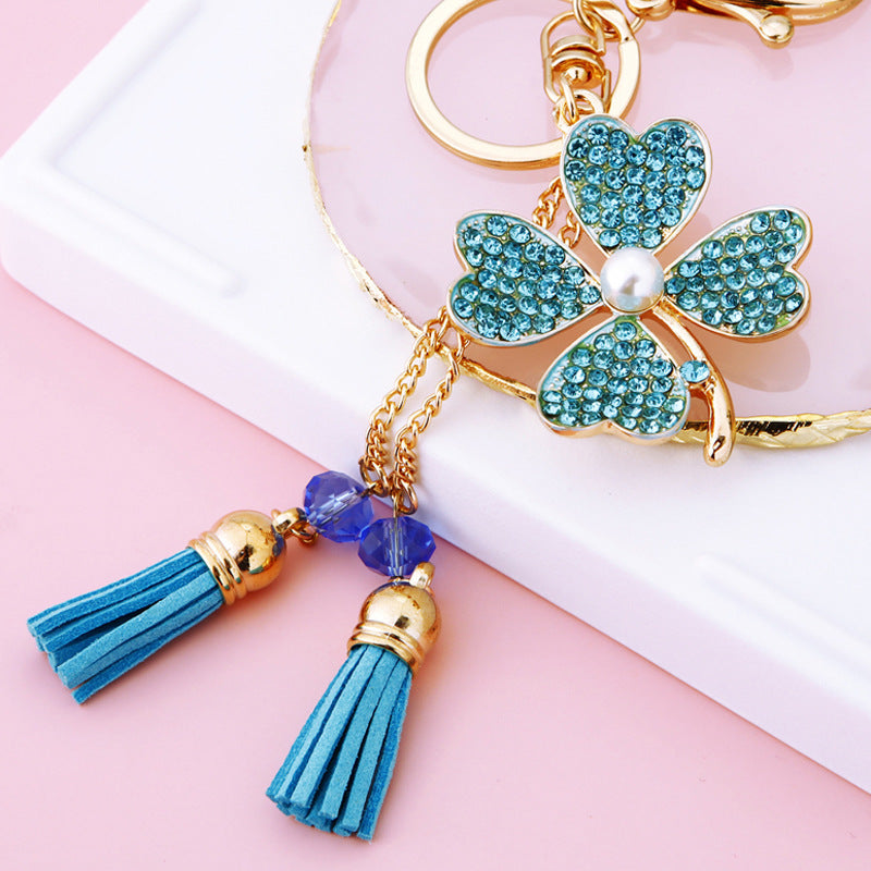 Wholesale Pink Four Leaf Clover Love Lock Keychain Rhinestone Inlaid Metal Car Key Ring Fashion Accessory Gift