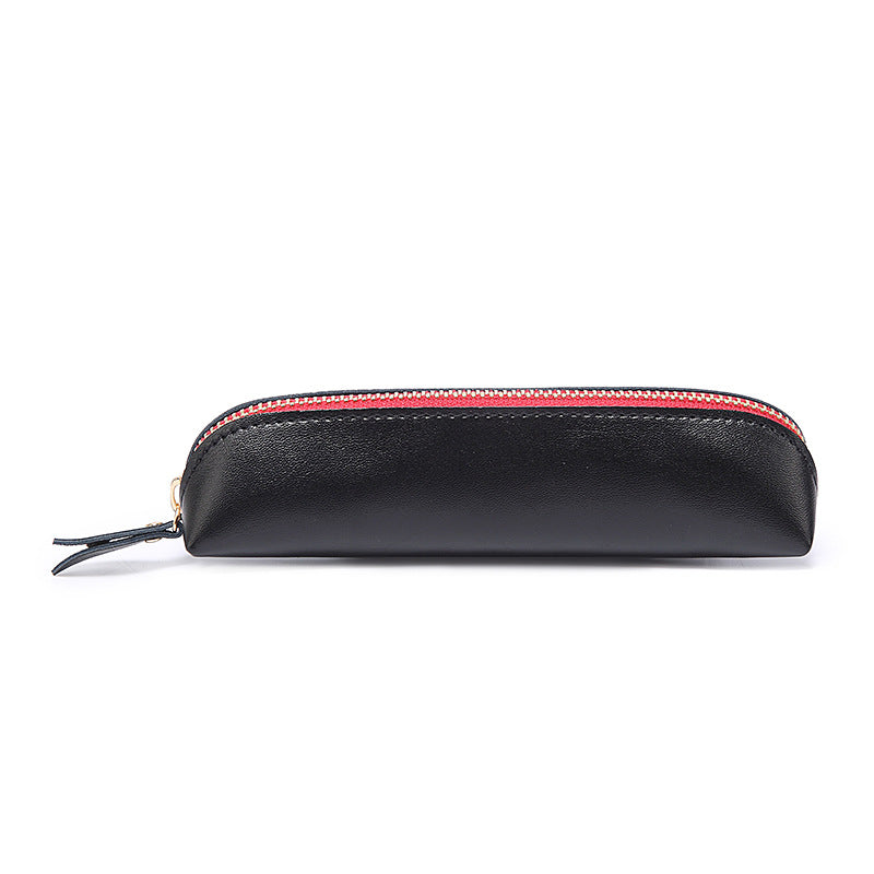 Wholesale Cowhide Solid Color Zipper Stationery Bag Pencil Case Large Capacity