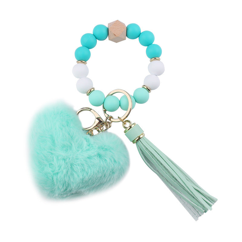 Wholesale Heart Shape Fur Ball Tassel Silicone Beaded Wrist Keychain