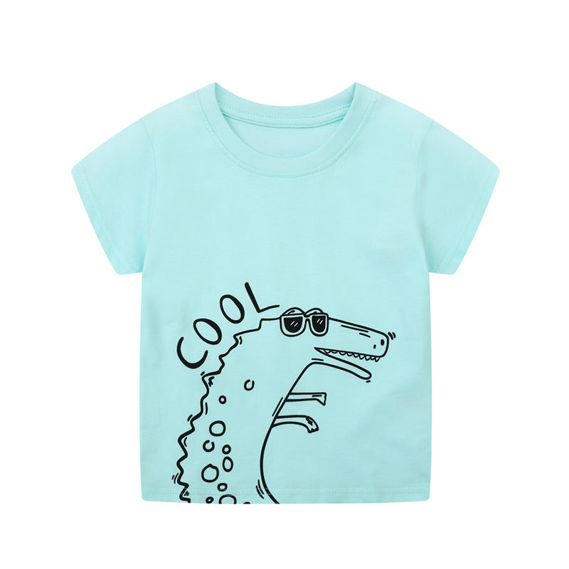 Wholesale Stylish Kids Dinosaur Print Short Sleeve Two Piece Set Knitted Cotton Summer Outfit For Boys