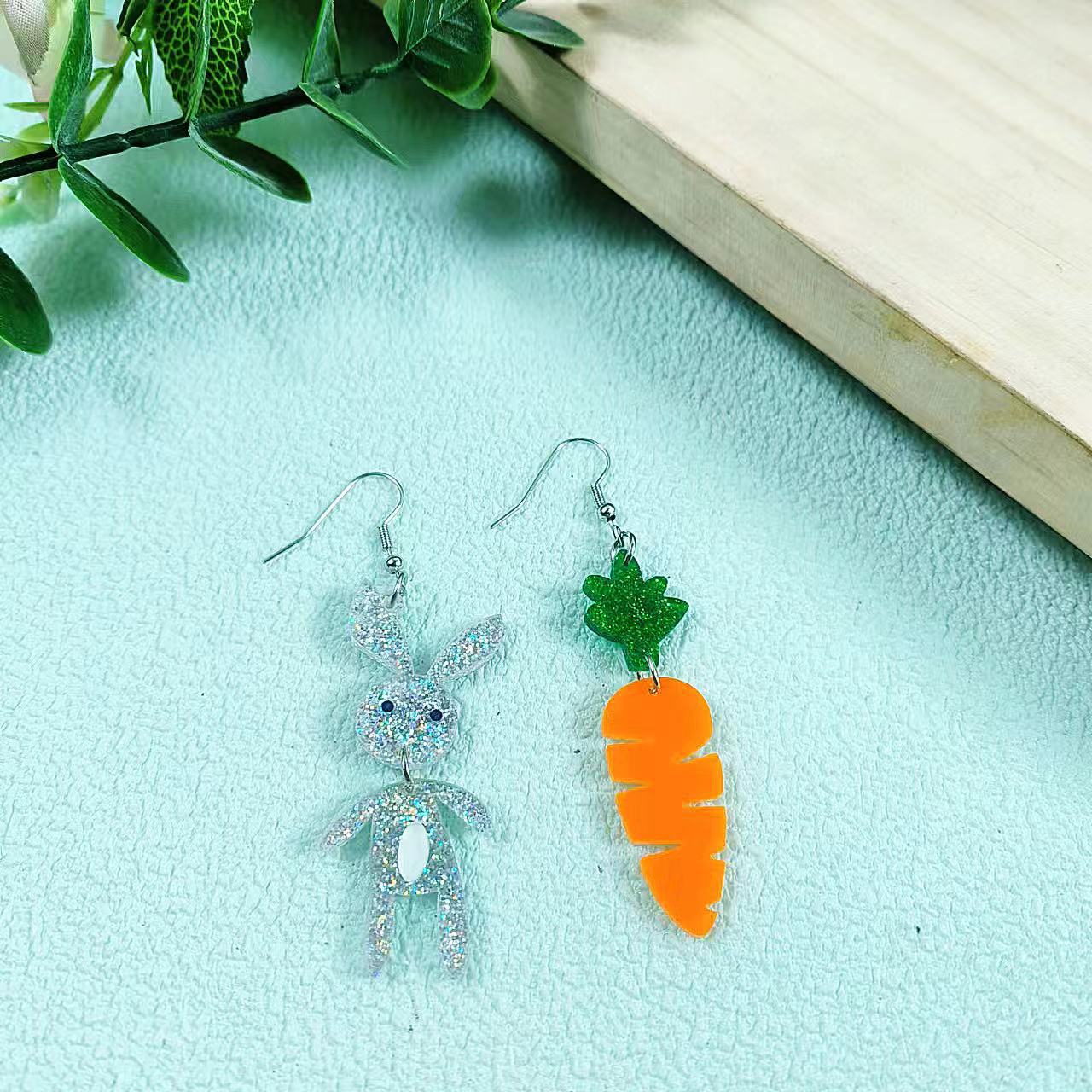 Wholesale Easter Asymmetric Rabbit Carrot Acrylic Earrings