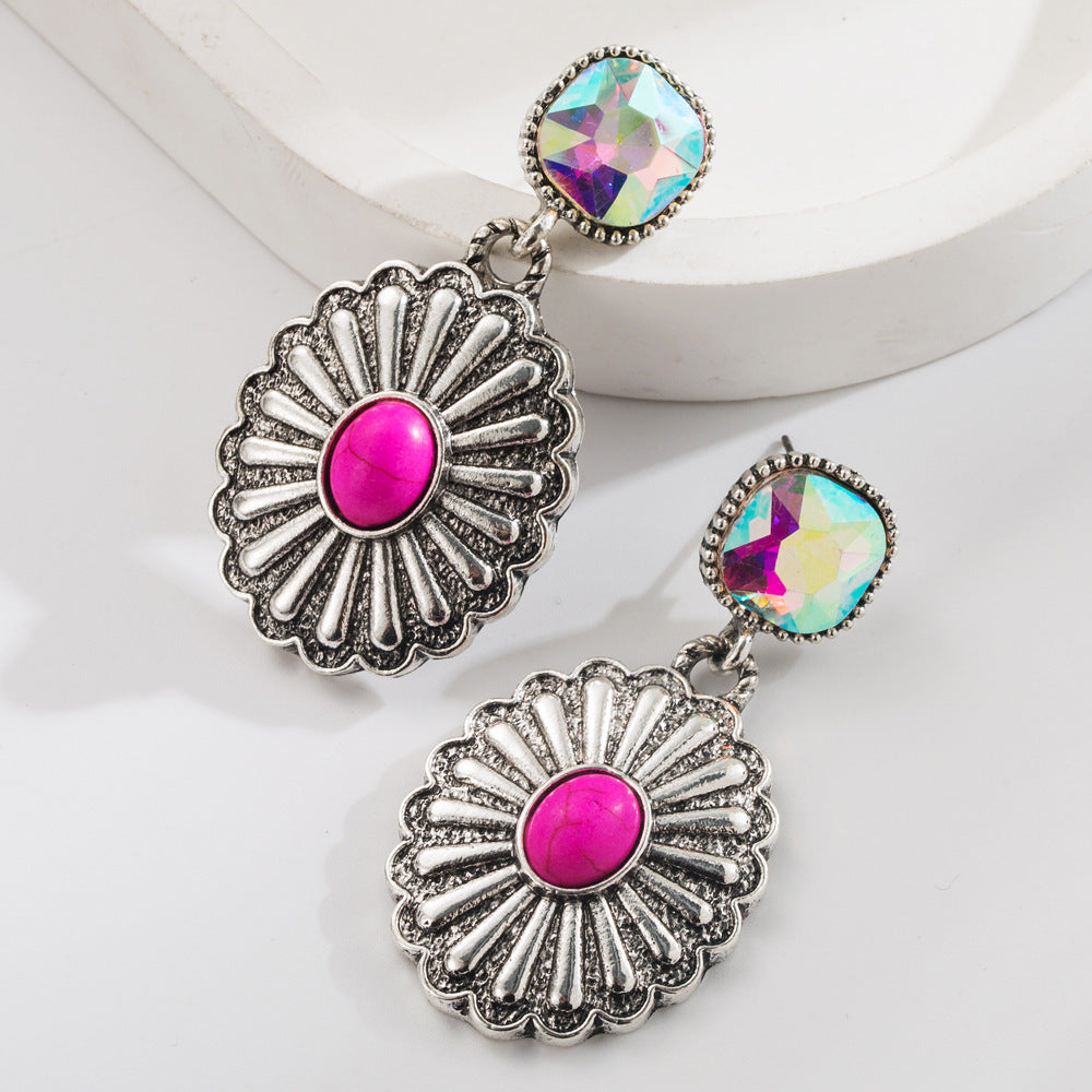 Wholesale Western style diamond turquoise drop cross retro exaggerated earrings