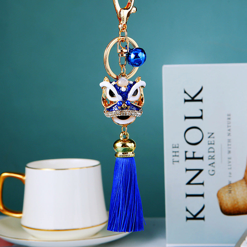 Wholesale Metal Chinese Style Lucky Lion Head Tassel Car Keychain Sapphire Blue Rhinestone Gift For Men Women