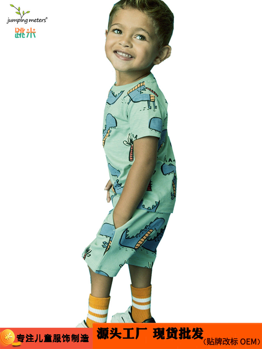 Wholesale Chic Boys Cartoon Dinosaur Short Sleeve T Shirt And Knit Pants Two Piece Summer Casual Outfit