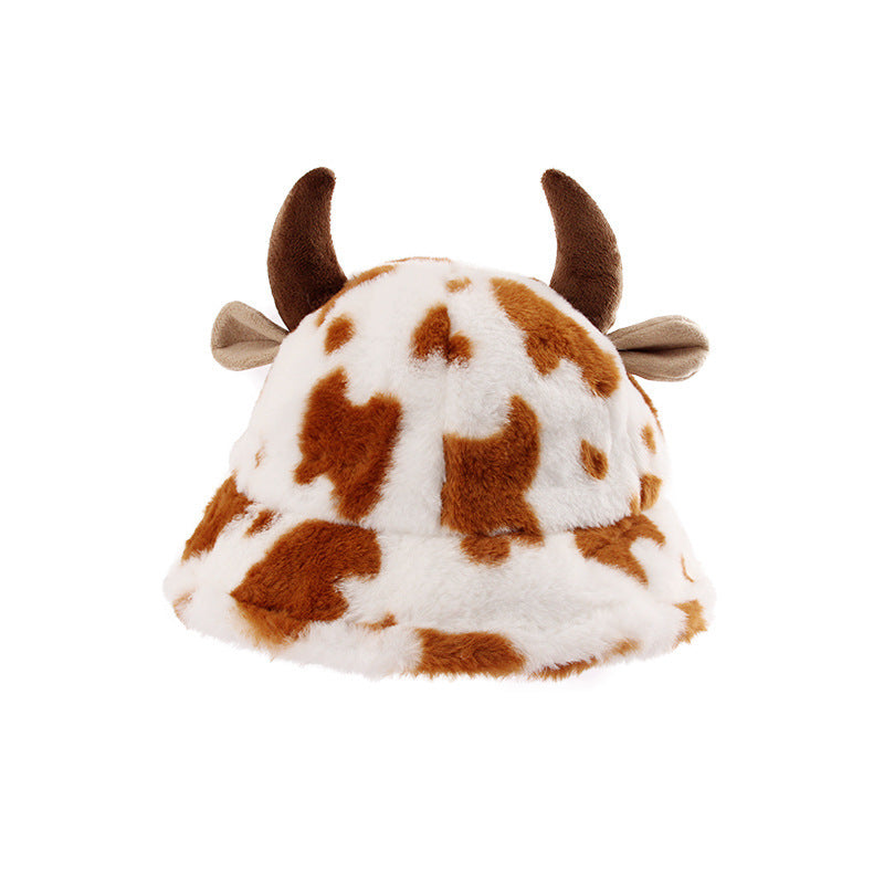 Wholesale of New Autumn and Winter Cow Patterned Cowhorn Plush Thickened Warm Fisherman Hats