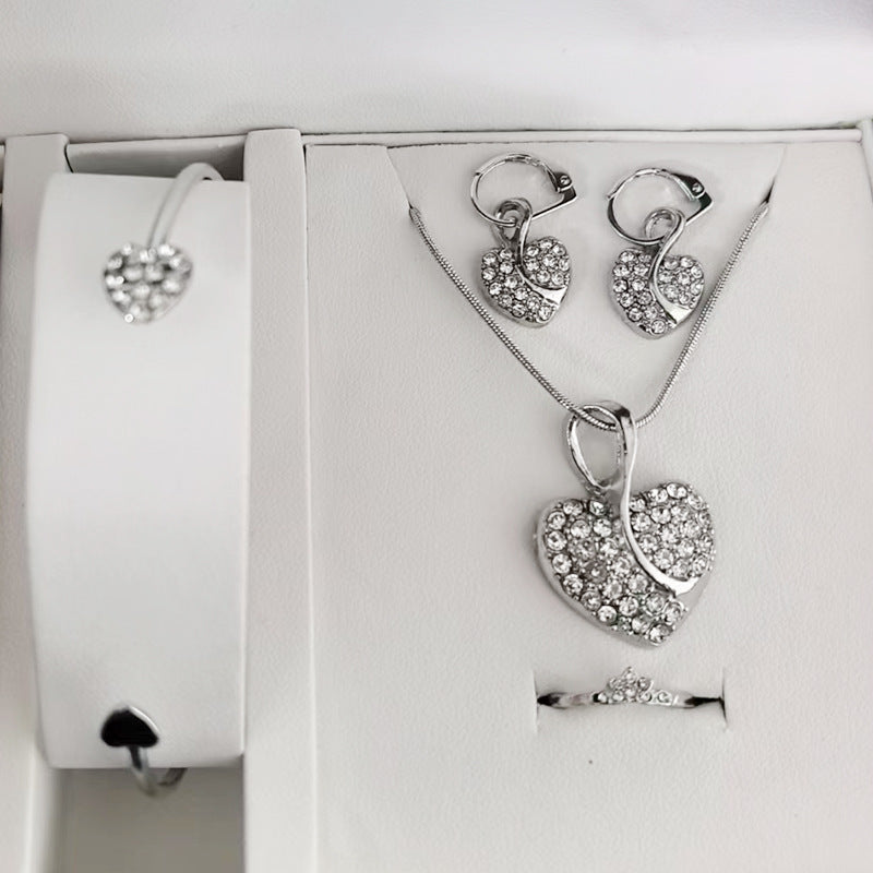 Wholesale Heart-Shaped Clavicle Necklace Earrings Ring Bracelet Jewelry Set