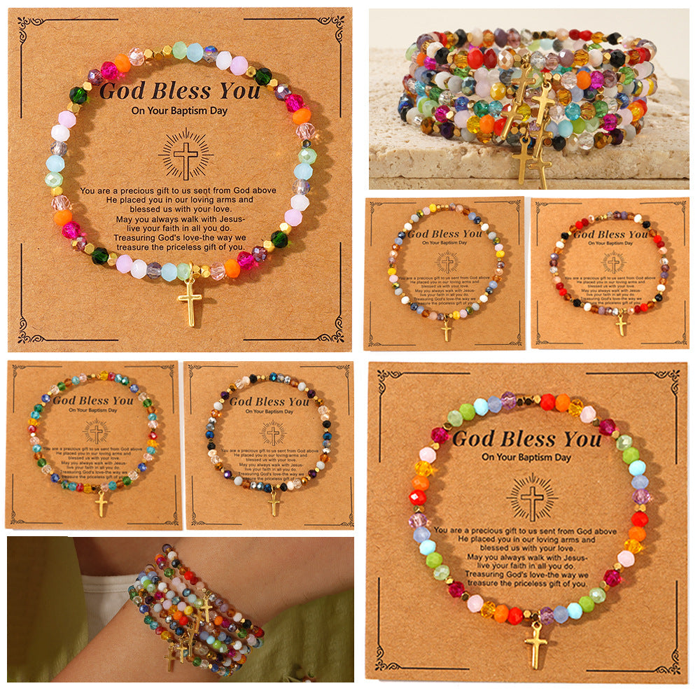 Wholesale  Easter Card Cross Square Iron Gallstone Chain Color Crystal Bracelet