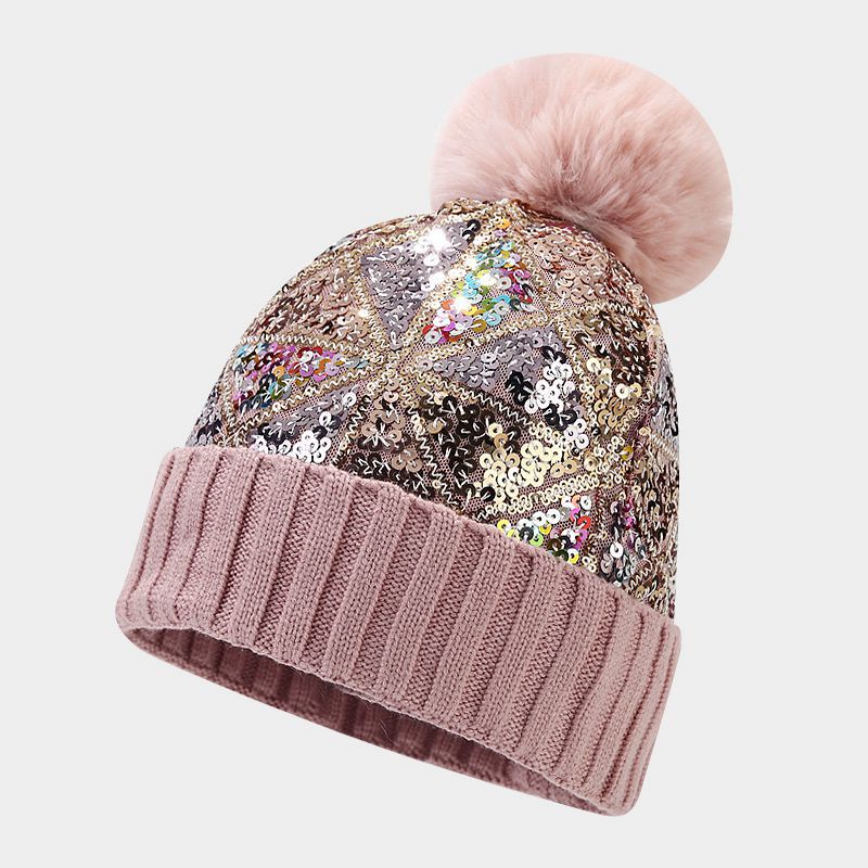 Wholesale Winter Thickened Warm Fur Ball Beanie Colorful Sequined Knitted Hat
