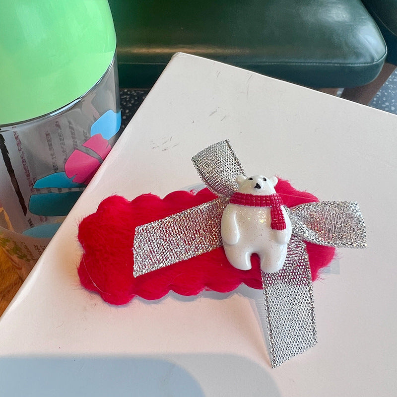 Wholesale Christmas Red Bear Bow Plush Hair Clip