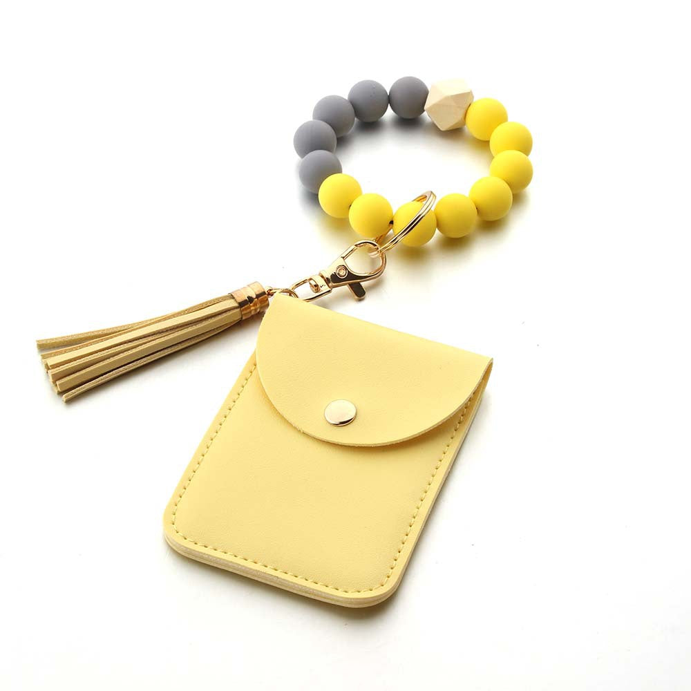 Wholesale Silicone Leather Tassel Bracelet Wooden Bead Keychain